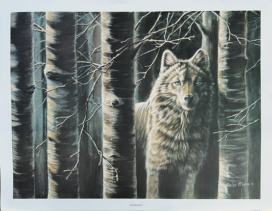 Art print Moonshadow depicts wolf watching viewer from between trees